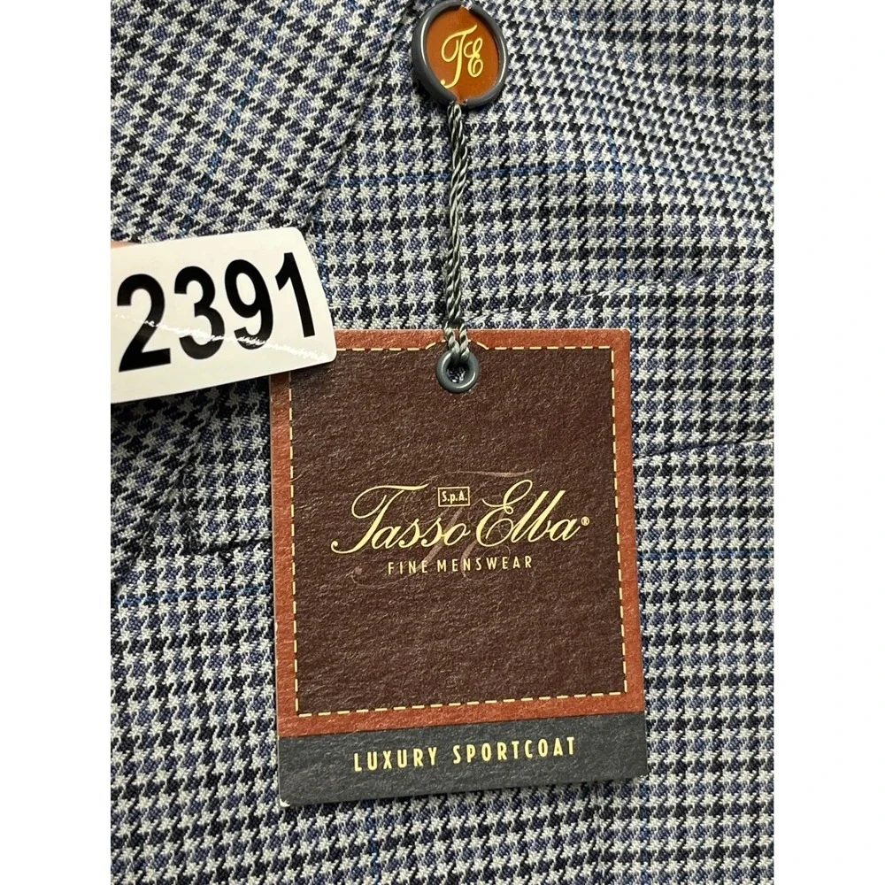 NWT Tasso Elba Men 42R Luxury Sport Coat Blazer Blue Grey Houndstooth TS72B09503